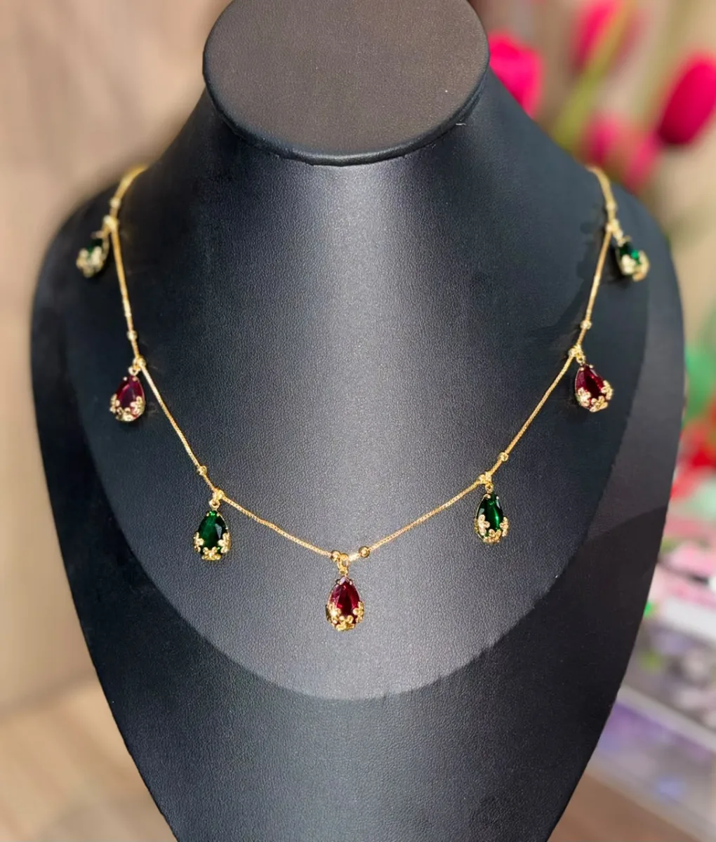 Ruby Emerald Teardrop Drop Necklace