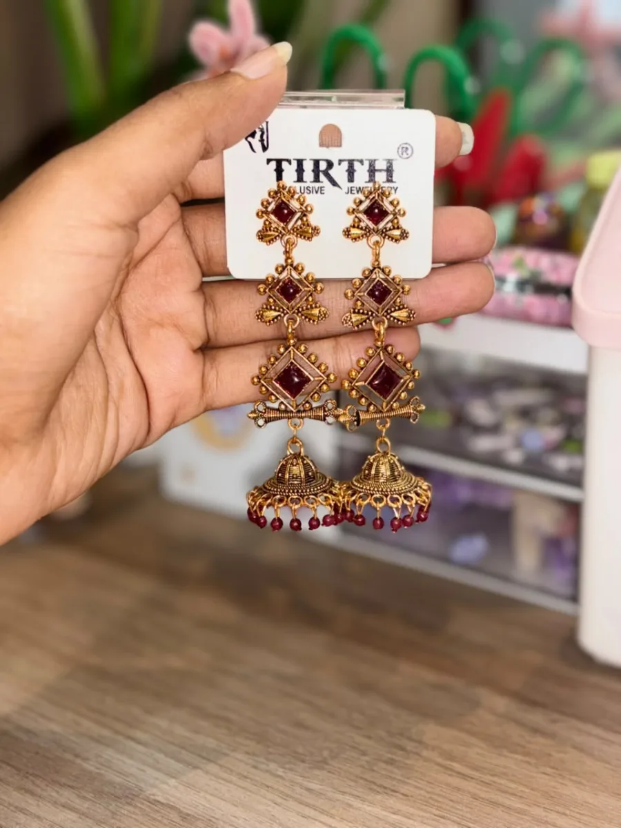 Long Maroon Motif Drop Earrings