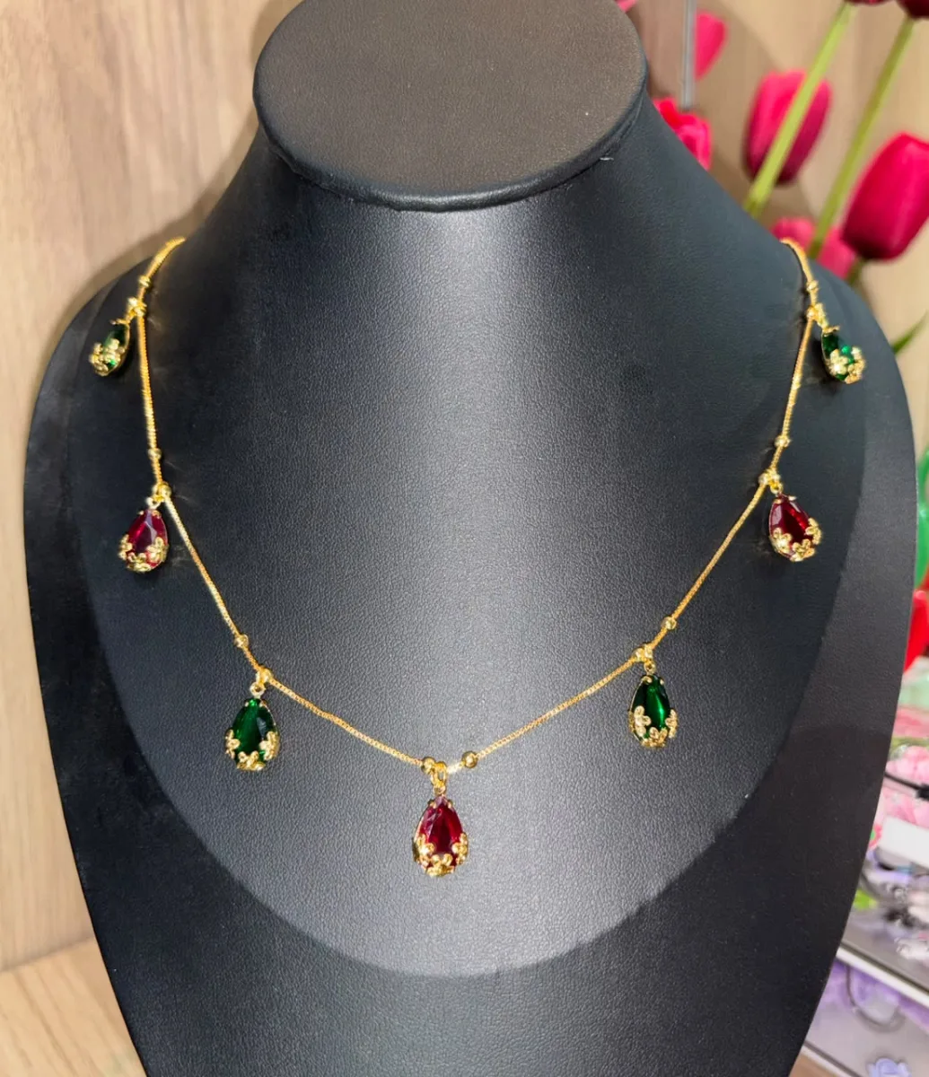 Ruby Emerald Teardrop Drop Necklace