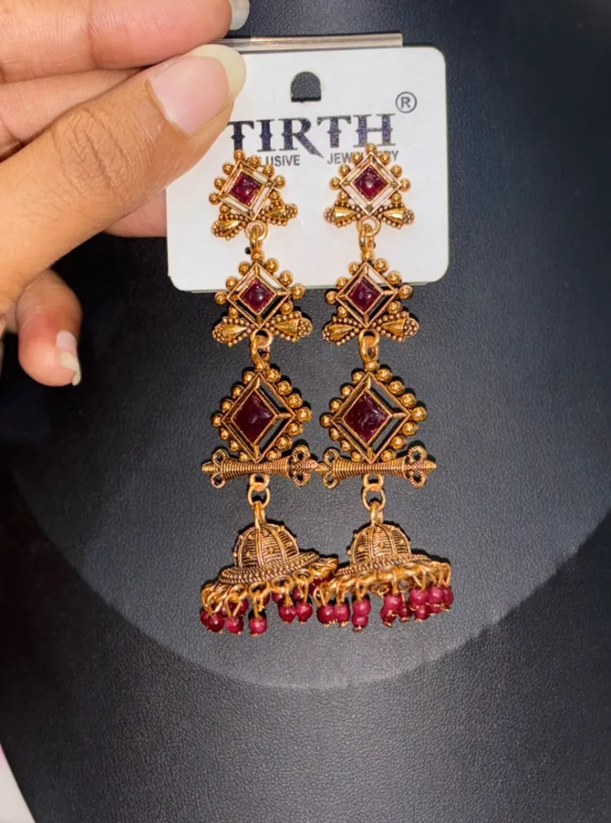 Long Maroon Motif Drop Earrings