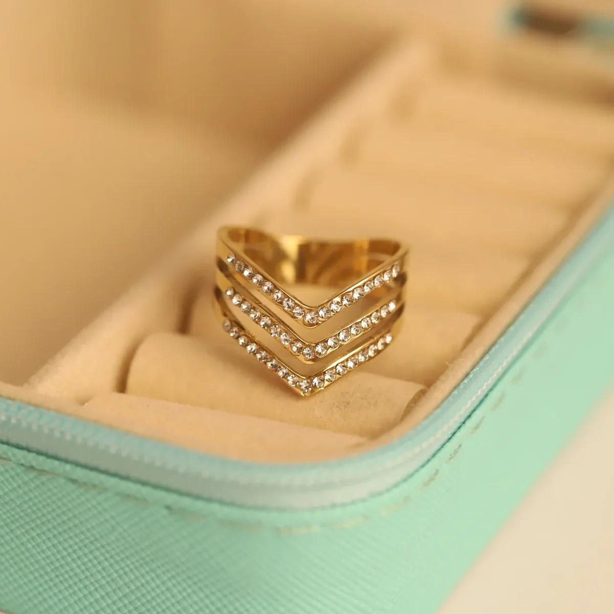 Triple Chevron Crystal Ring with Stacked V-Shape Gold Band