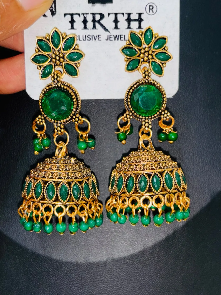 Green Floral Dome Jhumka Earrings