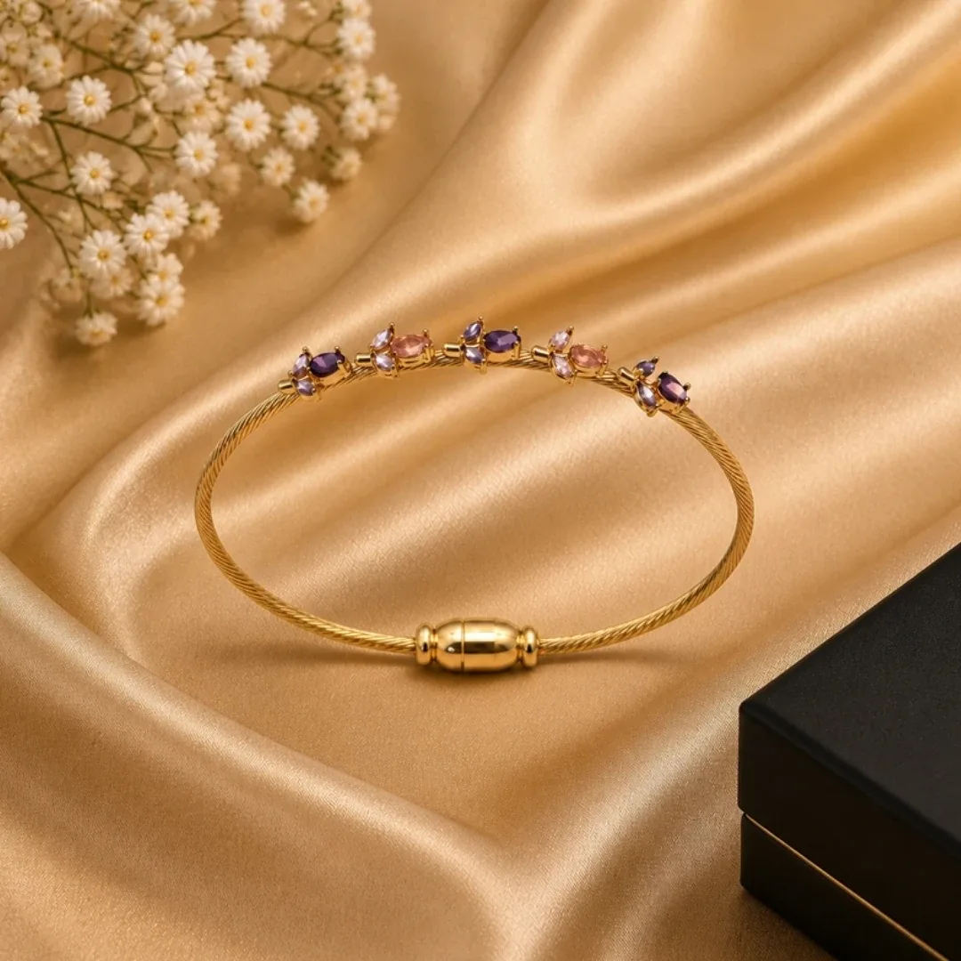 Purple & Pink Stone Gold Cable Bangle