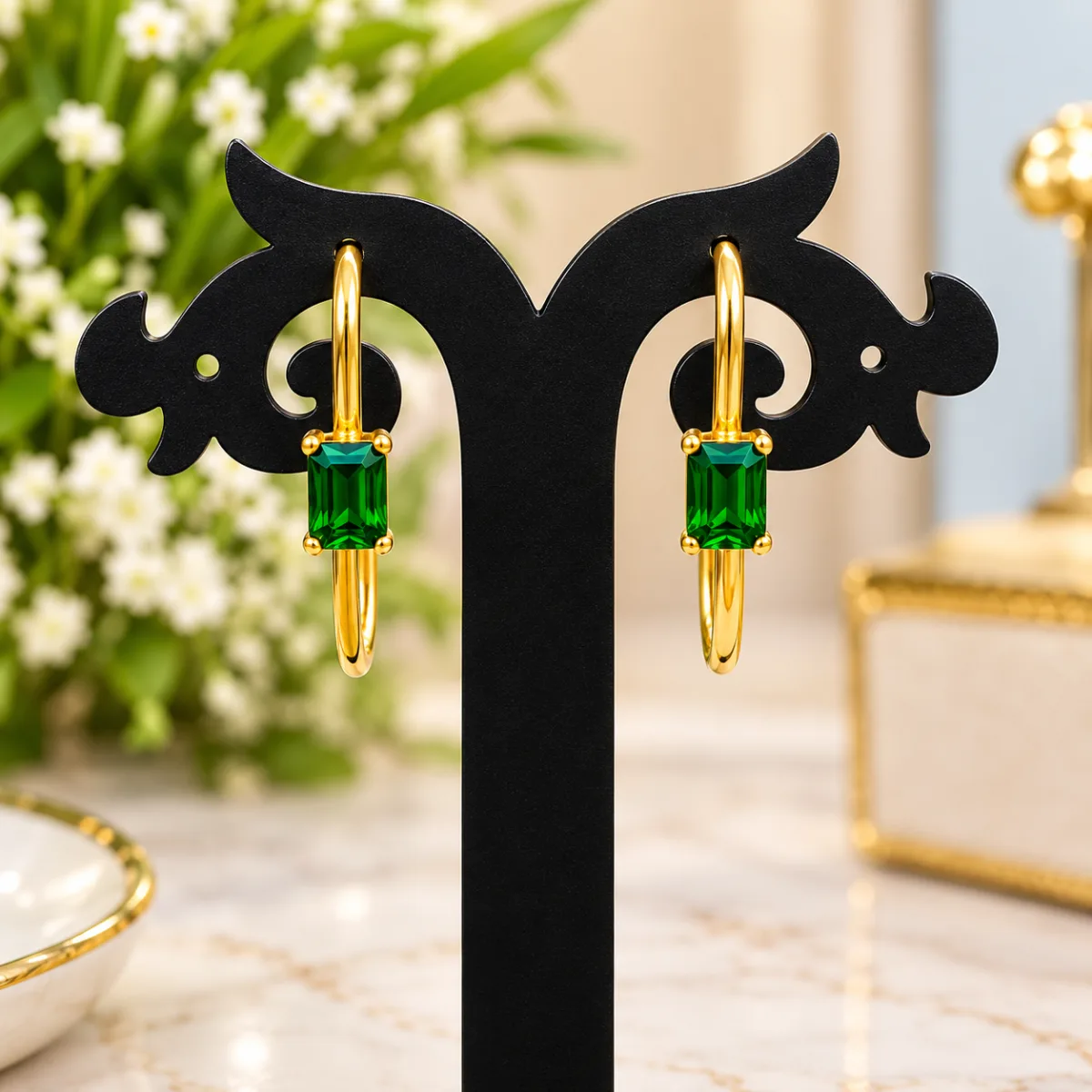 Emerald Stone Hoop Earrings