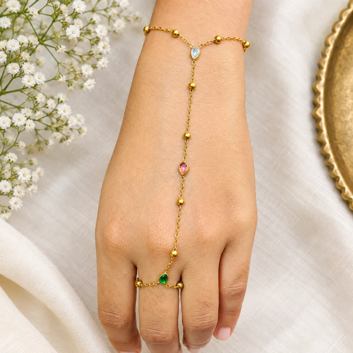 Gold-Plated Multicolor Stone Hand Chain