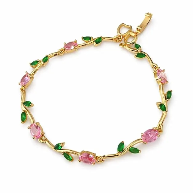 Tulip Bracelet - Gold (Pink & Green stones)
