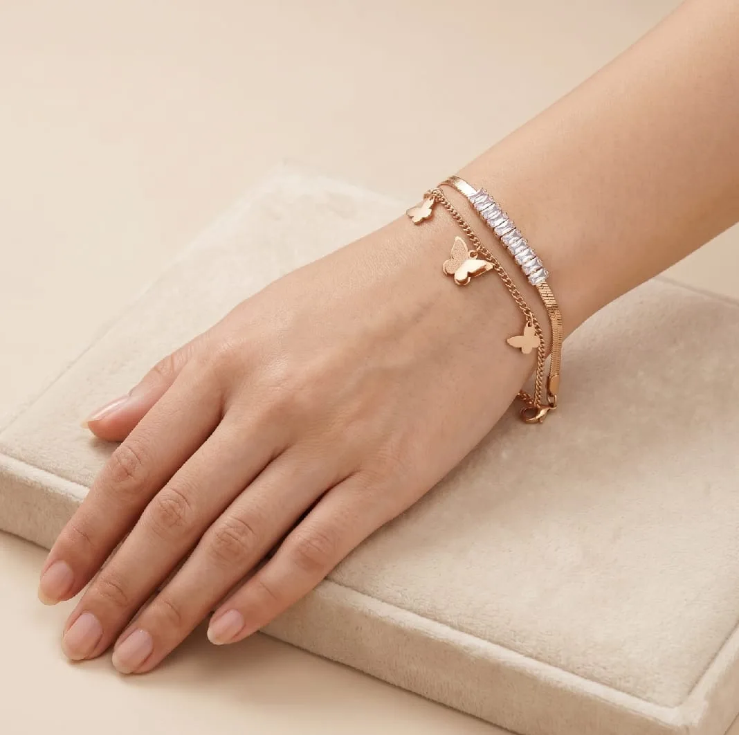 Rose Gold Butterfly Layered Bracelet
