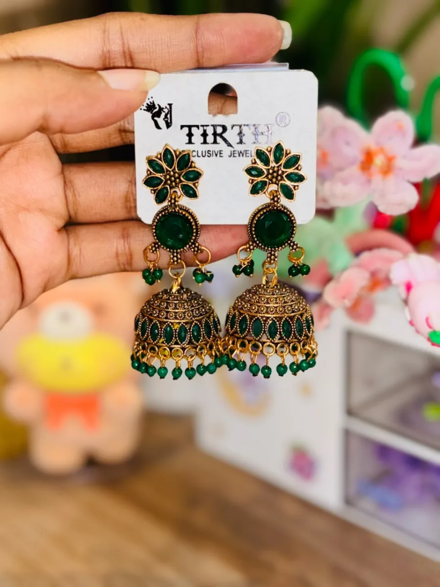 Green Floral Dome Jhumka Earrings