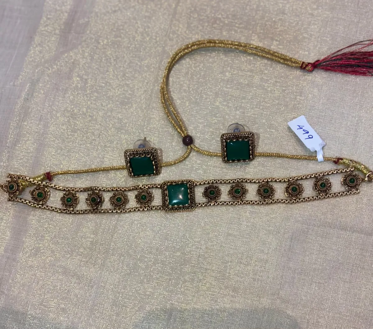 Antique Gold Emerald Stone Choker Set