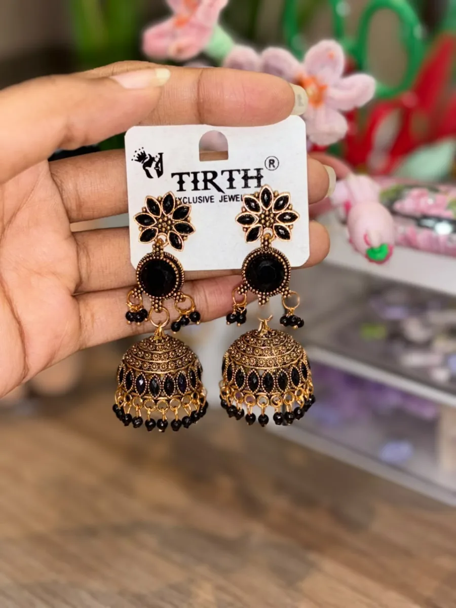 Black Floral Dome Jhumka Earrings