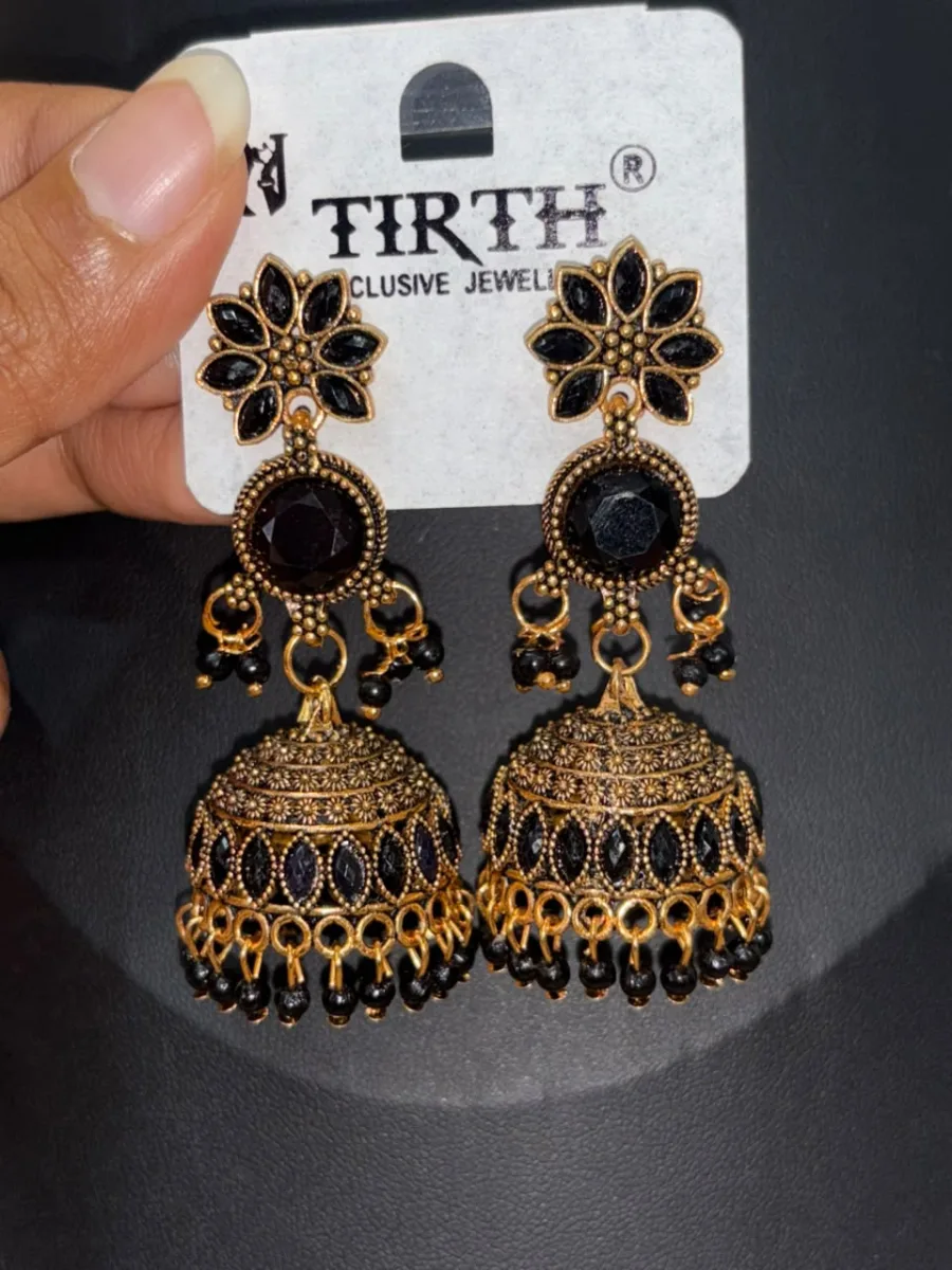 Black Floral Dome Jhumka Earrings