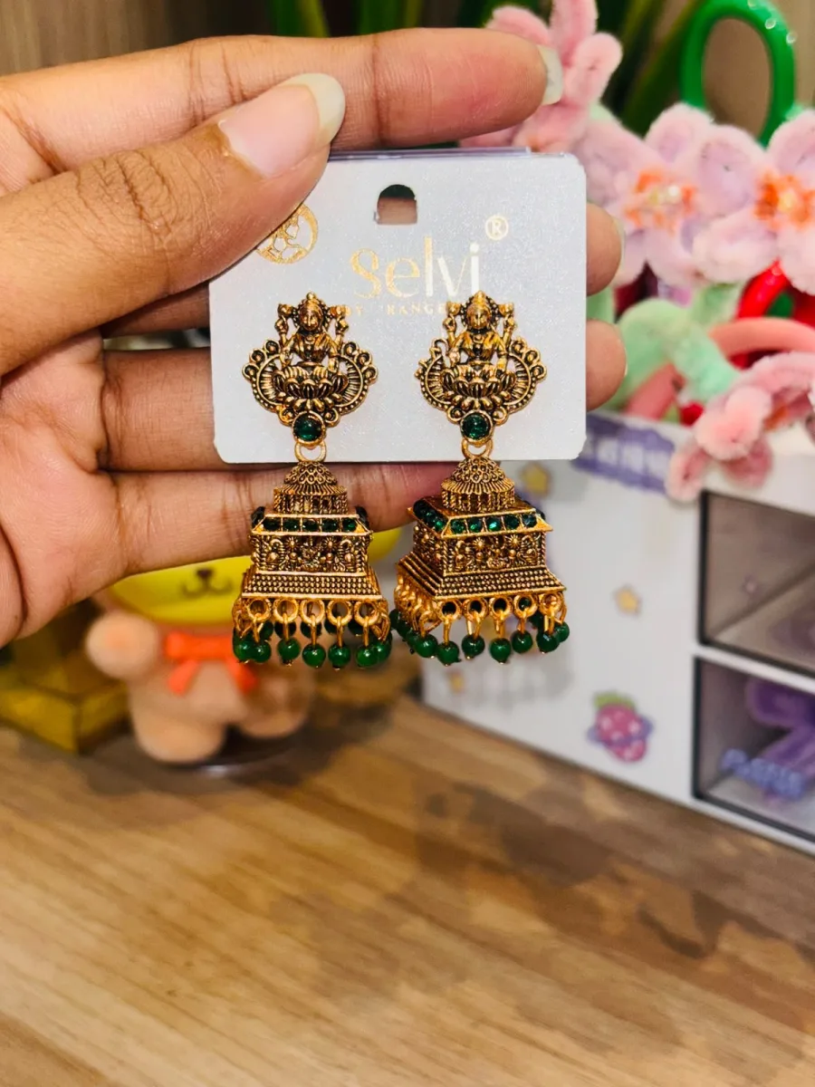 Green Temple Style Jhumka Earrings