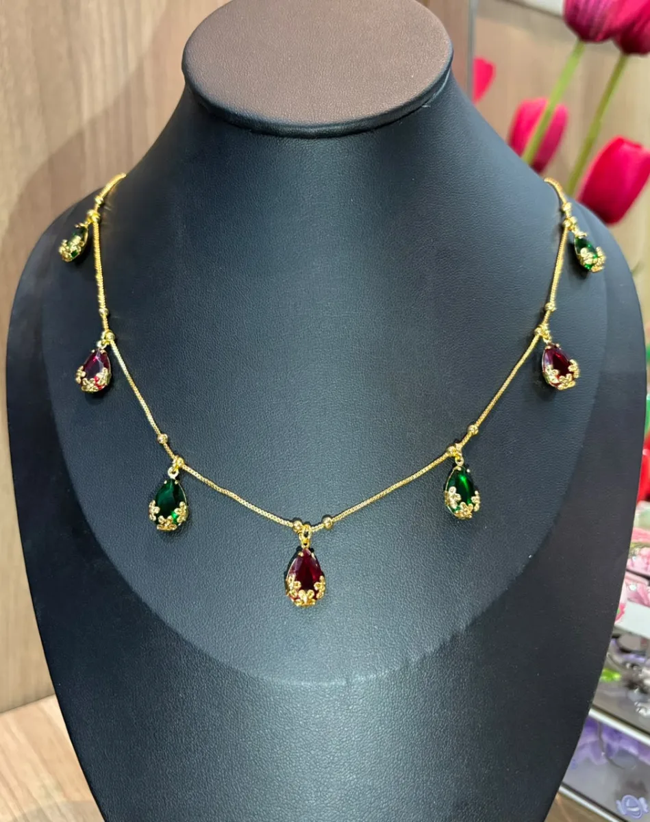 Ruby Emerald Teardrop Drop Necklace