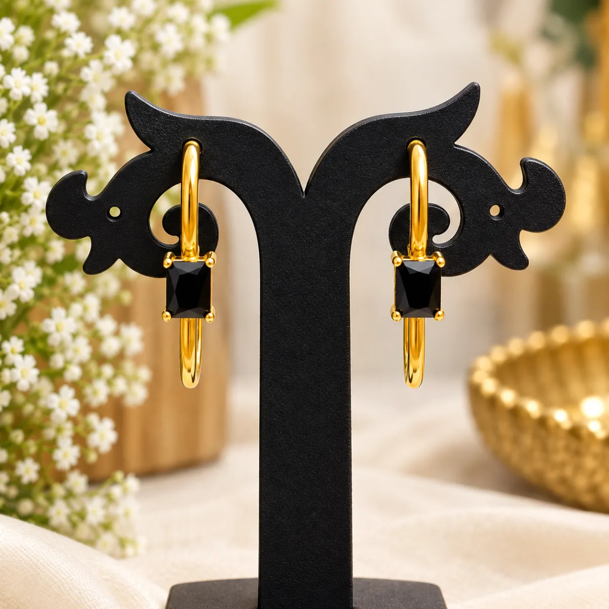 Black Stone Hoop Earrings
