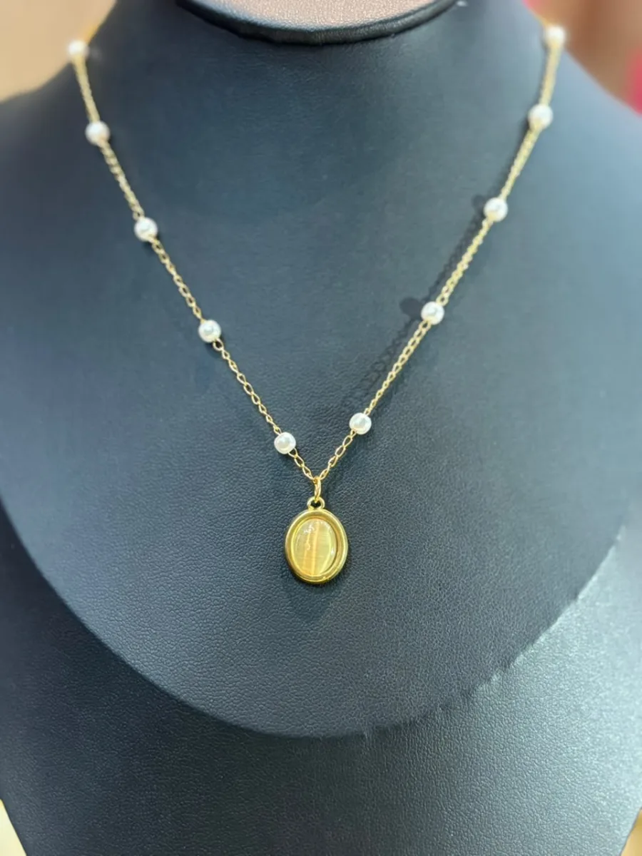 Pearl Chain Amber Pendant Necklace