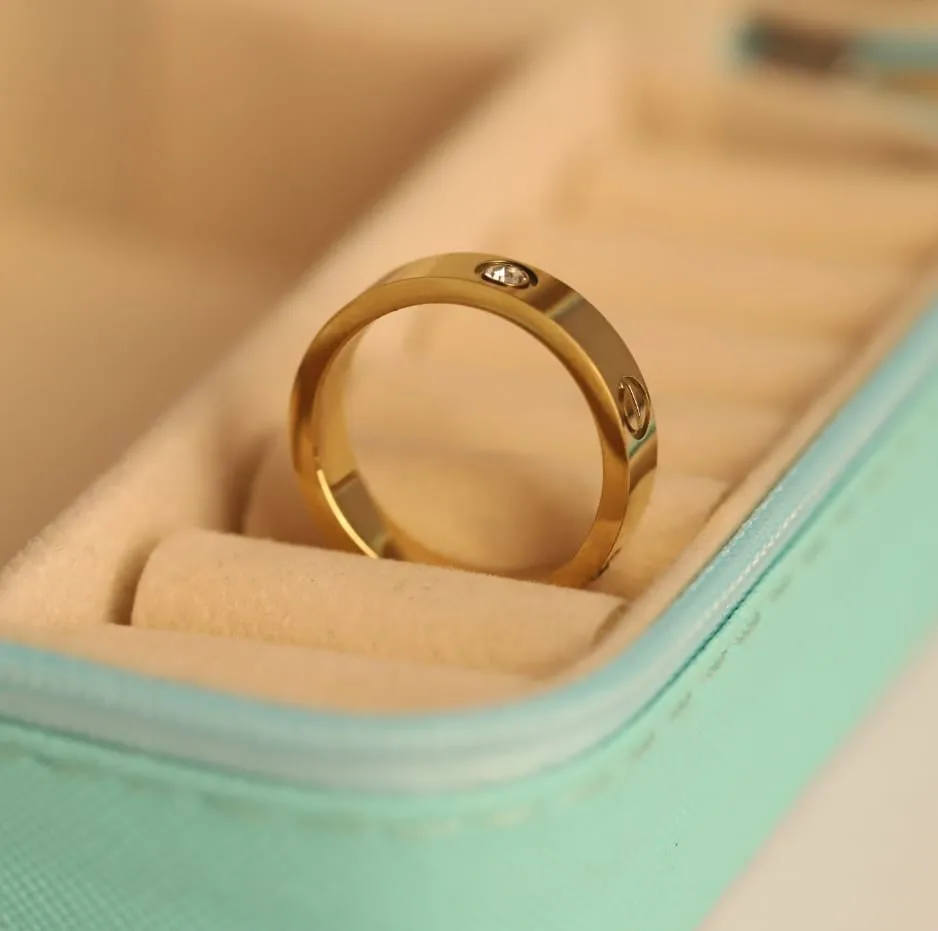Classic Gold Plated Screw Motif Ring with Crystal Accent | Unisex Band Ring