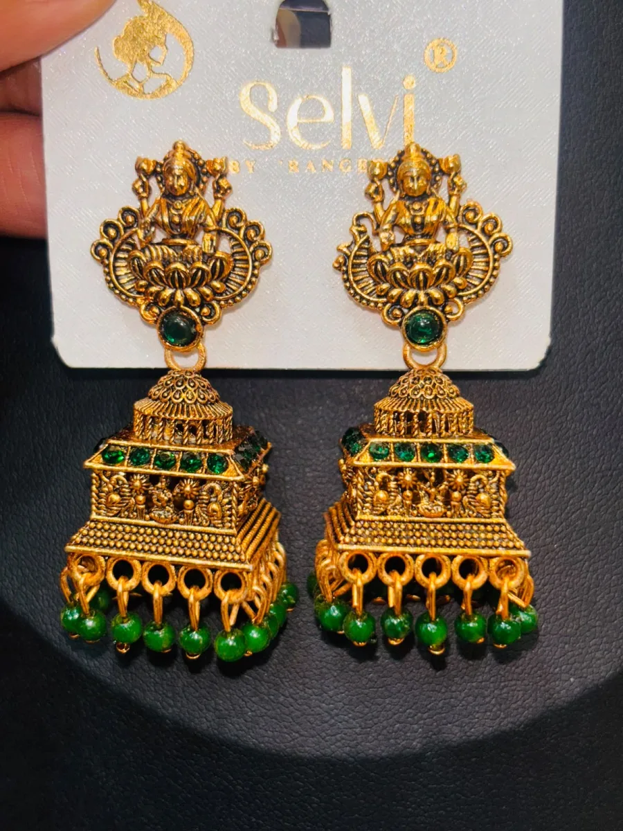 Green Temple Style Jhumka Earrings