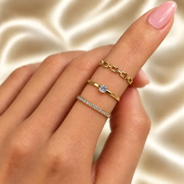 Link, Solitaire & Stone Band Ring (Size 6)