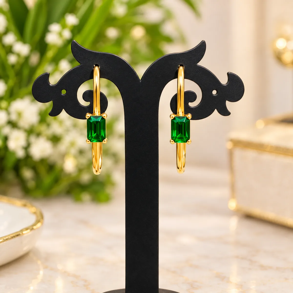 Emerald Stone Hoop Earrings