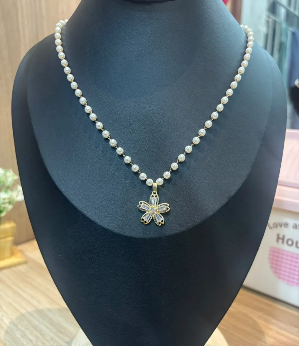 Pearl Chain Flower Pendant Necklace