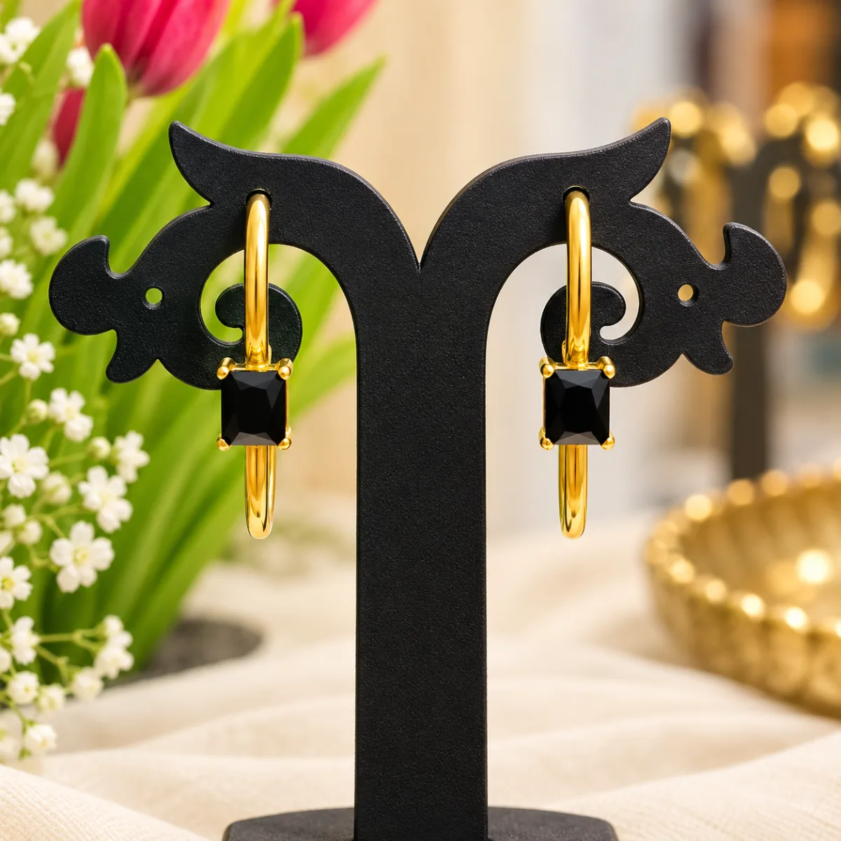 Black Stone Hoop Earrings