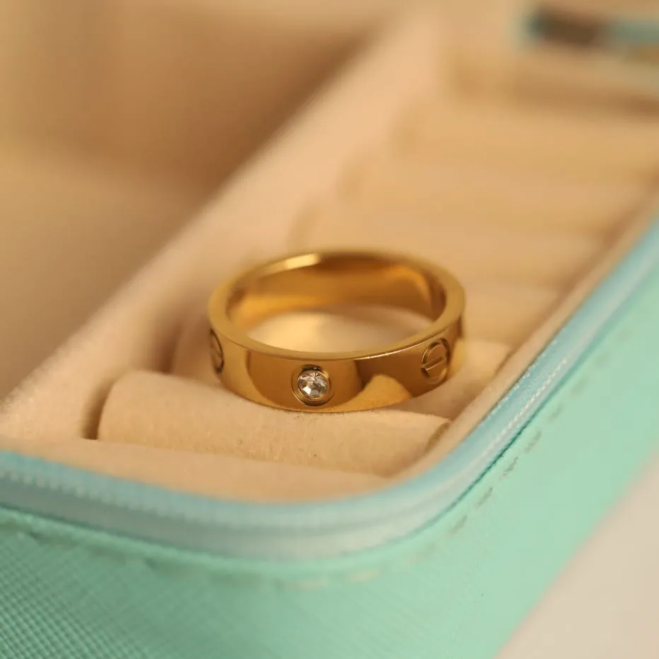 Classic Gold Plated Screw Motif Ring with Crystal Accent | Unisex Band Ring
